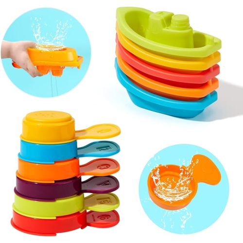 11 Pack Mold Free Bath Toys, Open Seamless Quick Dry Design, Stackable Scoops & Floating Boats, Water Play Toys for 12 18 Months & 1-3 Years Old Toddlers, Bathtub Pool Water Table Toys