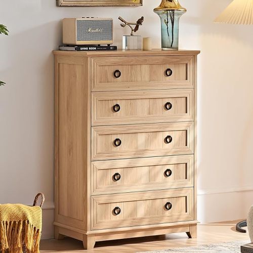 Farmhouse 5 Drawer Dresser for Bedroom, 42" Tall Small Dressers & Chest of Drawers, Rustic Wood Dresser with Metal Handle, Storage Organizer Closet for Living Room, Hallway, Entryway