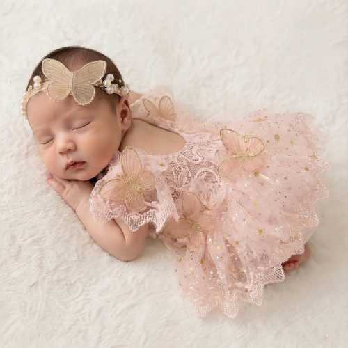 Newborn Girls Photography Prop Outfit Butterfly Tulle Lace Romper with Headband Newborn Dress