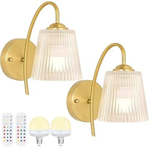 Vintage Battery Wall Sconce with Flower lampshade,Rechargeable Battery Powered Wall Lights,Wall lamp with 15 Colors for Bedroom Living Room Home Decor (Clear Stripe, 2 Light Battery Operated)