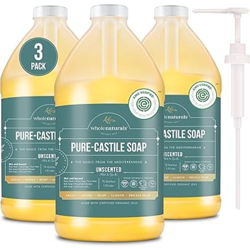 WHOLENATURALS Pure Castile Soap Liquid, EWG Verified & Certified Palm Oil Free Unscented, Natural, Mild & Gentle Non-gmo & Vegan - Organic Body Wash, Laundry, Pet/Dog and Baby Soap -Pack of 3 w/pump