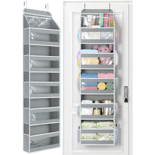 Yecaye 6 Tier Over the Door Organizer with Detachable Bin, Stuffed Animal Storage with Clear PVC Windows, Door Organizer Hanging for Bedroom Nursery Closet Dorm Room Laundry Pantry Bathroom, Grey