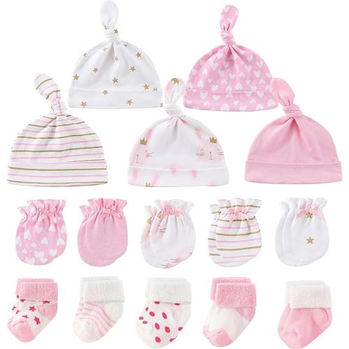 Newborn Baby Boy Girl Caps Mittens Socks Set Cotton Baby Essentials Accessories (Hats+Gloves+Socks)