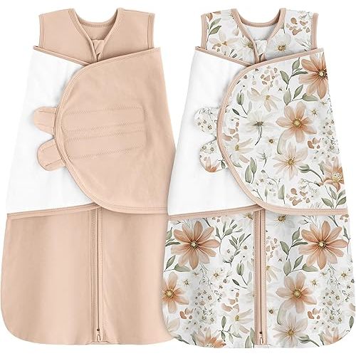 Unnivoll Newborn Sleep Sack Swaddle 100% Cotton Baby Swaddle 0-3 Months, 3-Way Adjustable Wearable Blanket, TOG 0.5, 2 Pack for Baby Boy Girl White Brown Flower