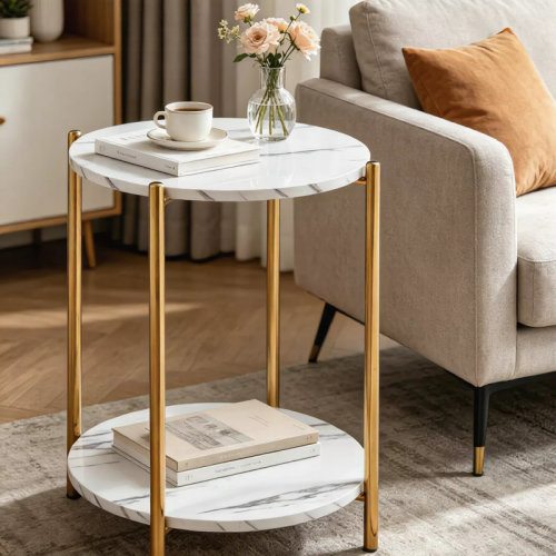 17 Stories Gold Metal Two-Tier Side Table Marble Print Round End Table Bedroom Nightstand Modern Accent Table Single Piece | Wayfair
