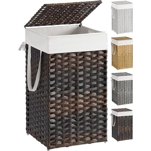 SONGMICS Laundry Hamper with Lid, 17.2 Gallon (65 L) Synthetic Rattan Clothes Laundry Basket with Lid and Handles, Foldable, Removable Liner, Chestnut Brown ULCB165K01