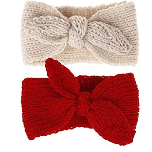 UTOWO Newborn-Infant-Toddler Knitted-Knotbow-Turban Rabbit-Ear-Headbands Baby-Girls Head-Wrap-Headband 0-6 years (Red+Beige)