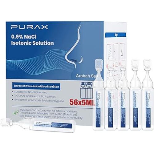 PURAX Saline Solution 0.9%,Nasal Cleanse for Babies, Kids and Adults, Isotonic Saline Solution for Eye Care, Wound Cleansing - 56 Count (5ml Each)