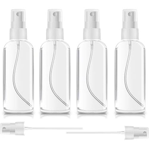 ZEROFIRE 4 Pack Spray Bottles 1oz Clear Plastic Empty Refillable Mini Spritzer for Travel, Cleaning, Gardening, Skin Care Atomizer for Essential Oils, Perfume