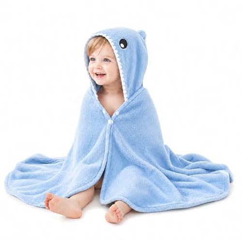 ROMASA Toddler Hooded Bath Towel Ultra Soft Towel Highly Absorbent Bathrobe Blanket for Boys Girls- 27.5" x 55"(Blue Shark-Shape)