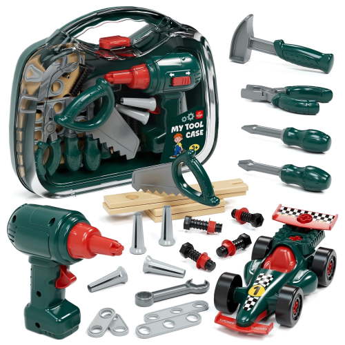 Kids Tool Set, Toolbox Set with Carrying Case & Electric Drill & Take Apart Toy Racing Car, Montessori Educational Learning Toy, Toys for 3 Year Old Boys Birthday Gifts
