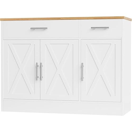 Shintenchi Modern Farmhouse Sideboard Buffet Cabinet with Storage with 3 Doors,42" Barn Doors Buffet Cabinet with Storage, Wood Coffee Bar Cabinet with Adjustable Shelf for Kitchen Living Room,White