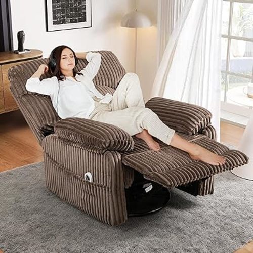 GRAINELL Swivel Rocker Recliner Chair with Massage and Heat, USB Charging Port, Infinite Position Power Recliner, Electric Glider Rocking Chairs for Living Room, Nursery (Brown)