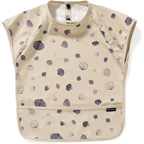 PewinGo Weaning Bib with Short Sleeves & BLW, Soft and Skin-Friendly Material, Coverall Bibs for Baby Feeding, Waterproof and Easy to Clean & Machine Washable, for Baby Infant Toddlers (Beige)