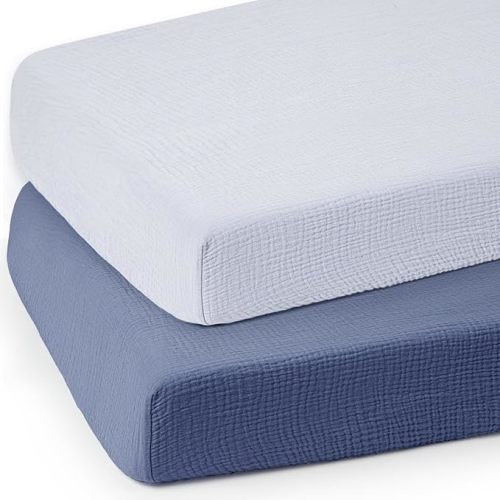 lulumoon Baby Muslin Crib Sheets - Toddler Cotton Fitted Crib Sheets Neutral for Boys and Girls 2Pack - Navy & Mist Blue