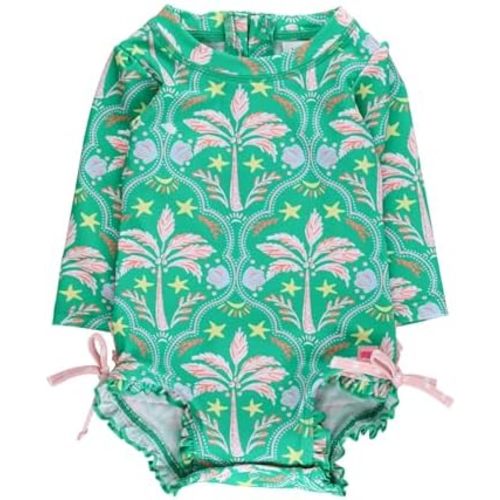 RuffleButts Baby Girls UPF 50+ Sun Protection Floral Printed Long Sleeve One Piece Rash Guard Swimsuit with Zipper