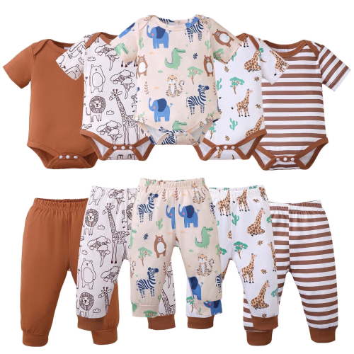 KIMI BEAR Newborn Baby Boys Layette Set 5 Packs 0-3 Months Shower Gift Sets Romper Top Pants Set Short Sleeves Tops Animals Print Striped Outfits Clothing Summer 10pcs Essential Clothes Multicolor