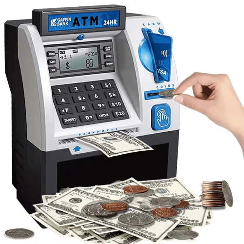 ATM Piggy Bank for Real Money, Digital Electronic Saving Safe Machine Box with Debit Card, Bill Feeder, Coin Recognition, Balance Calculator, Password Lock Case, Gift for Kids Boys Girls