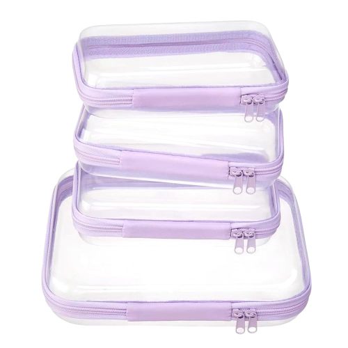 4 pcs Clear Zipper Pouches,Hard Shell Zipper Case, Toiletry Bag for Travel, CLear Diaper Bag, Toiletry Pouch, Travel Organizer, Clear Cosmetic Bag,Toy Storage Bins (M+3S) (Lavender)