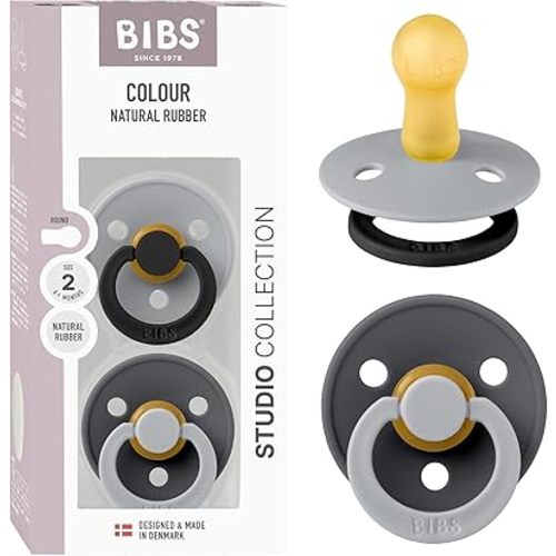 BIBS Colour Studio Pacifier 2-Pack, BPA Free, Round Nipple. Natural Rubber Latex, Made in Denmark, Size 2 (6-18 Months) - Cloud/Iron