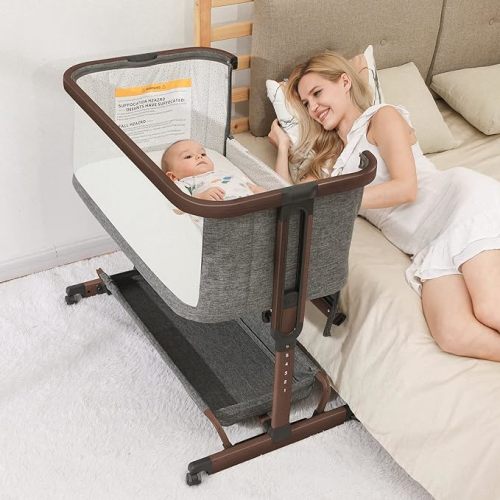 AMKE 3 in 1 Baby Bassinets,All-mesh Bedside Sleeper ,Baby Cradle with Storage Basket, Easy to Assemble for Newborn/Infant, Adjustable Bedside Crib,Safe Bed,Travel Bag Included - Walnut - All Mesh