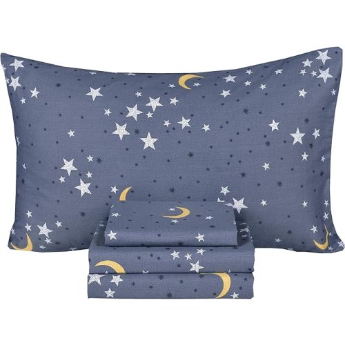 Scientific Sleep Moon & Star Night Sky Teen Kids Boys Girls 100% Cotton Full Bed Sheet Set, Flat Sheet & Fitted Sheet & Pillowcase Bedding Set (Stars, Full)
