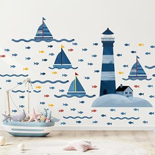 4 Pcs Large Lighthouse Wall Decals Watercolor Blue Ocean Beach Stickers Removable Vinyl DIY Decor Lighthouse Boats Fish Nautical Wall Decals for Nursery Bedroom Playroom Decorations