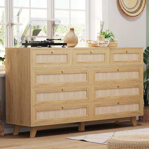 9 Drawer Rattan Dresser Modern Wooden Long Bedroom Chest of Drawers with Solid Wood Legs for Living Room, Wood