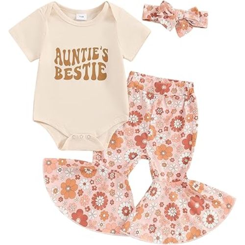 Aunties Bestie Baby Clothes Girl Baby Girl Aunt Saying Letter Romper Shirt Floral Flare Pants Headband 3Pcs Outfit