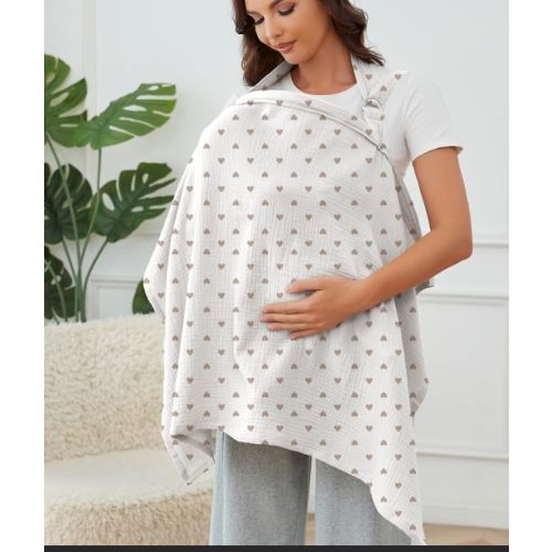 Muslin Nursing Cover for Baby Breastfeeding, Breathable 100% Cotton Breastfeeding Cover with Rigid Hoop for Mother Nursing Apron (Brown Heart)