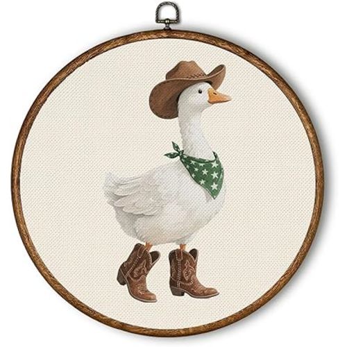 QWZDRHYJI Western Cowboy Goose Round Wall Art Decor, Vintage Western Funny Goose Framed Canvas Prints Wall Hanging for Nursery Kids Room Playroom Bedroom Home Decorations, 10x10 Inch
