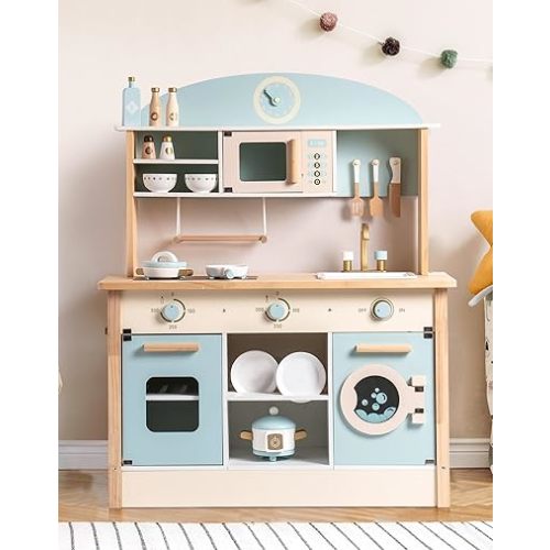 ROBOTIME Wooden Kitchen for Kids Play Kitchen, Toy Kitchen Set for Kids Kitchen Playset with Plenty of Play Features, Realistic Toddler Kitchen Set, Gift for Girls Boys Ages 3+