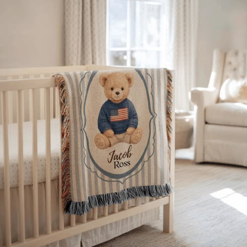 Personalized Teddy Bear Baby Blanket with Name, Custom Woven Crib Throw, Vintage Bear Nursery Decor, Baby Shower Keepsake Gift for Boys