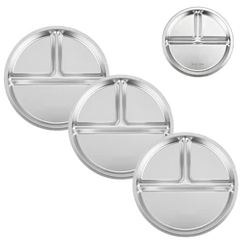 PandaEar 3 Pack Stainless Steel Divided Plates for Kids, 8.1” Portion Control Plates with 3 Compartments, Reusable Metal Dishes for Balanced Meals, Camping & Home Use
