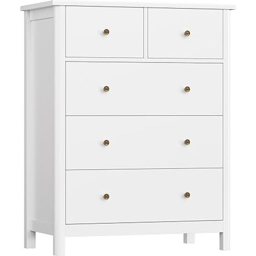 HOUSUIT White Dresser with 5 Drawers, Tall Chest of Drawers, 5 Drawer Dresser with Deep Space, Wood Storage Cabinet for Living Room, Hallway, Office, White