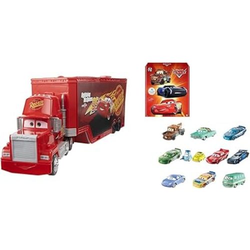 Bundle of Mattel Disney Pixar Cars Transforming Mack, 2-in-1 Toy Truck & Tune-Up Station with Launcher & More + Mattel Disney Pixar Cars 10 Die-Cast Mini Racers Vehicles, 1:55 Scale Inspired by Movies