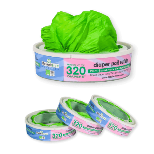 Plastech Products Diaper Pail Refill Ring Canisters, 3 Count - Zero Plastic, 100% Certified Home Compostable Bags, Plant-Based, Green