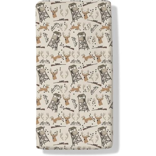 Deer Hunting Baby Crib Sheets Hunter Tree Stand Soft Breathable Baby Sheets Wild Animals Hunter Fitted Crib Mattress Cover for Standard Mattress 28x52in