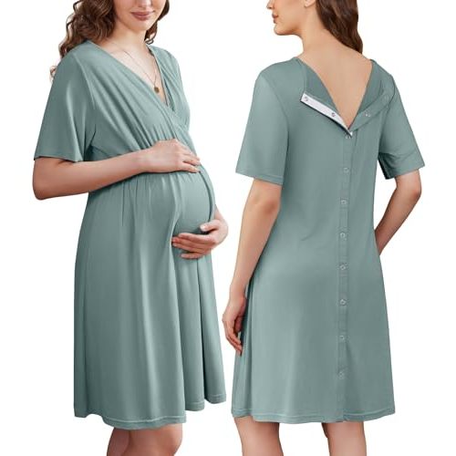 Ekouaer Labor and Delivery Gown for Hospital V Neck Maternity Nursing Dress | Birthing Gown, Open Back Button closure, Skin-friendly, Short Sleeve, Split Front Flap, Stretchy, Breastfeeding, C-section