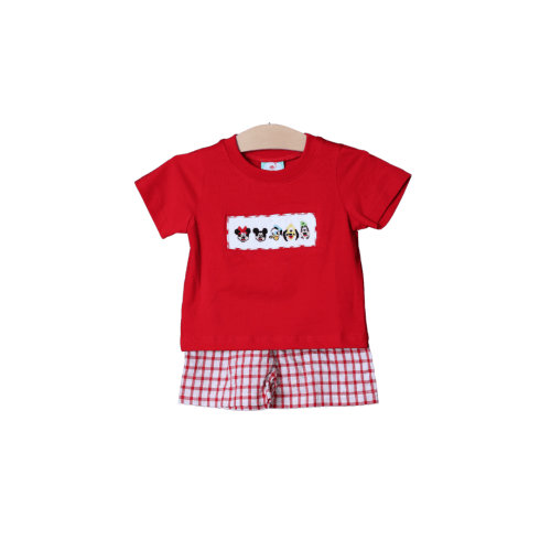 Smocked Mouse and Friends Red Windowpane Short Set