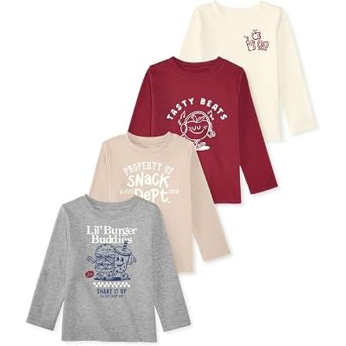 Garanimals Baby & Toddler Boy Long Sleeve T-shirt, Size 0-6 Years, 4 Pack | Machine-Washable Graphic Tees, Kids Casual Crew Neck, Pull-On, Comfortable Everyday Outfits, OEKO-TEX Standard 100 Certified