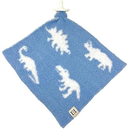 Dinosaur Baby Lovey Pacifier/Teether Holder 10"x10" - DreamSoft Plush Fluffy Cuddly Soothie Reversible Mini Comfort Blanket - Newborn Gift Essential Babies, Toddlers, Boys and Girls (Baby Blue/White)