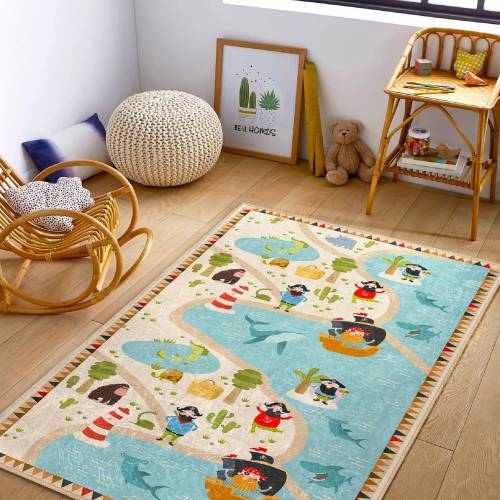 Pirates Children's Rug|Adorable Nursery Play Mat|Nautical Themed Washable Kids Carpet|Cute Animals Kids Rug|Playroom Rugs|Pirate Game Rug