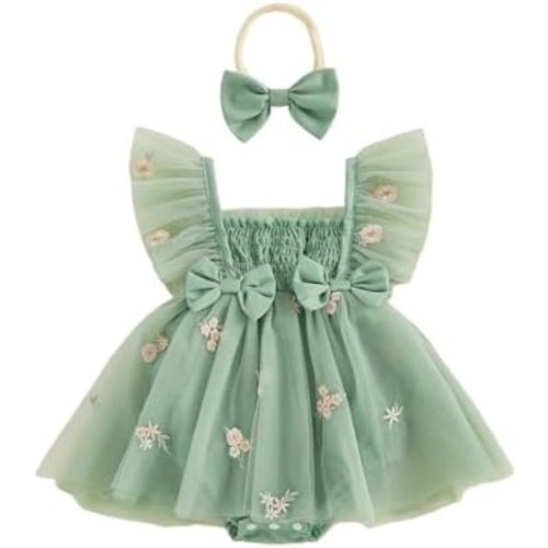 Karwuiio Newborn Baby Girl Romper Dress Short Sleeve Mesh Tutu Dress Baby Girls Lace Mesh Dress Jumpsuits with Headband