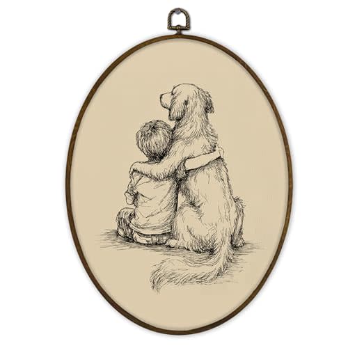 Gnmduw Vintage Nursery Oval Wall Art Framed, Boy Golden Retriever Nursery Canvas Prints Hanging Decor, Neutral Dog Boy Canvas Wall Decor for Boys Nursery toddlers room, 8.7x11.3 Inch