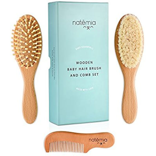Natemia Premium Wooden Baby Hair Brush and Comb Set – Natural Soft Bristles – Ideal for Cradle Cap - Perfect Baby Registry Gift