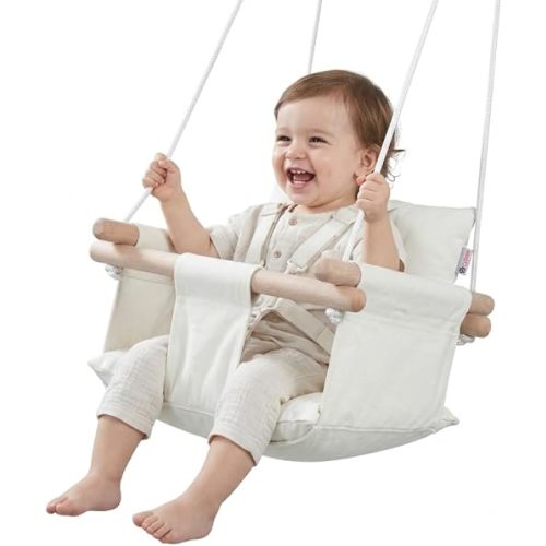 CaTeam Canvas Baby Swing Seat with 5-Point Safety Belt — Wooden Hanging Toddler Swing, Indoor & Outdoor, Ages 1-4, Ceiling Mount Hardware Included, Ivory