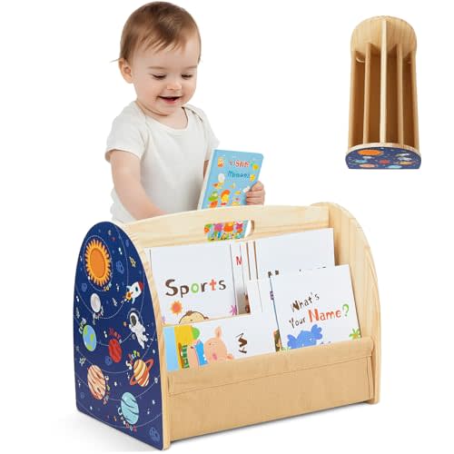 Toddler Bookshelf Double-Sided with 4 Tier Deep Sleeves Kids Wooden Montessori Book Rack for Baby Nursery Room, Playroom, Classroom or Bedroom Bookcase Storage Organizer, Blue Astronaut