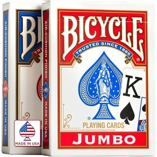 Bicycle Jumbo Index Playing Cards , 2 Pack Large Print Poker Size Deck of Cards for Easy Reading, Family Card Games, and Casino Play
