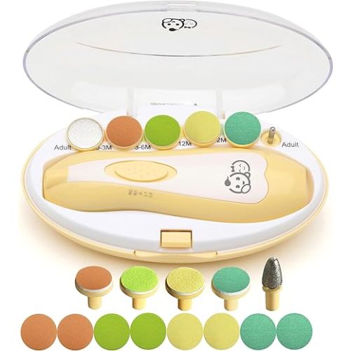 Royal Angels Upgraded 21 in 1 Baby Nail Trimmer with Labeled Case, 13 Extra Replacement Pads, Safe Electric Baby Nail File Kit for Newborn & Toddler, Whisper Quiet Nail Clipper with LED Light (Yellow)